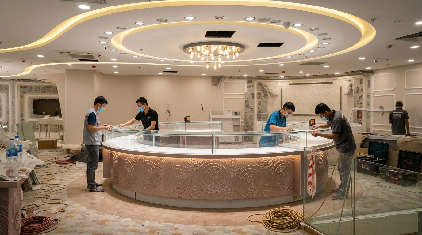 thi công lắp đặt hệ đèn LED hắt tủ trưng bày kính dự án