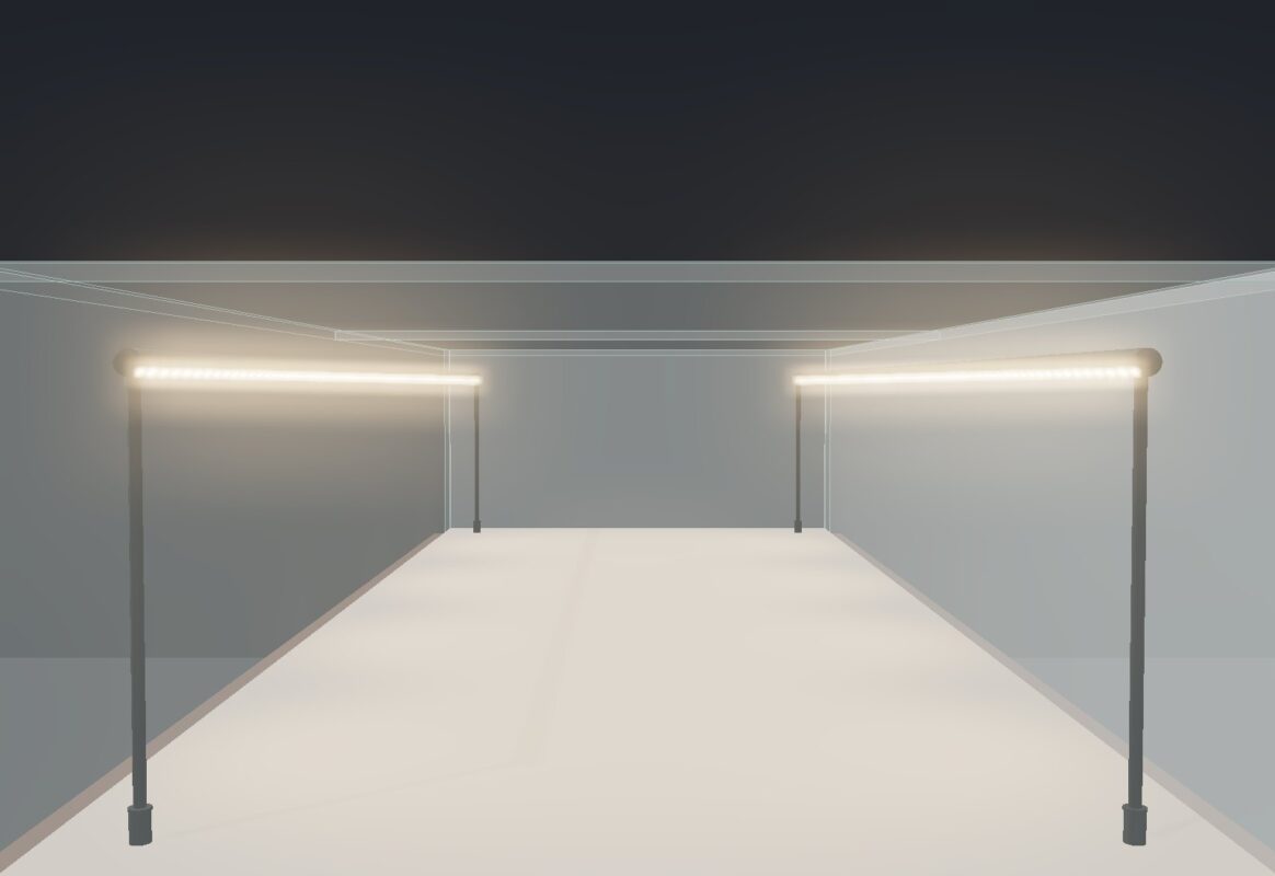 Mặt cắt quầy kính dự án Gia Định: 2 thanh LED Ø13 khe chéo 30 độ, cách kính 46 mm