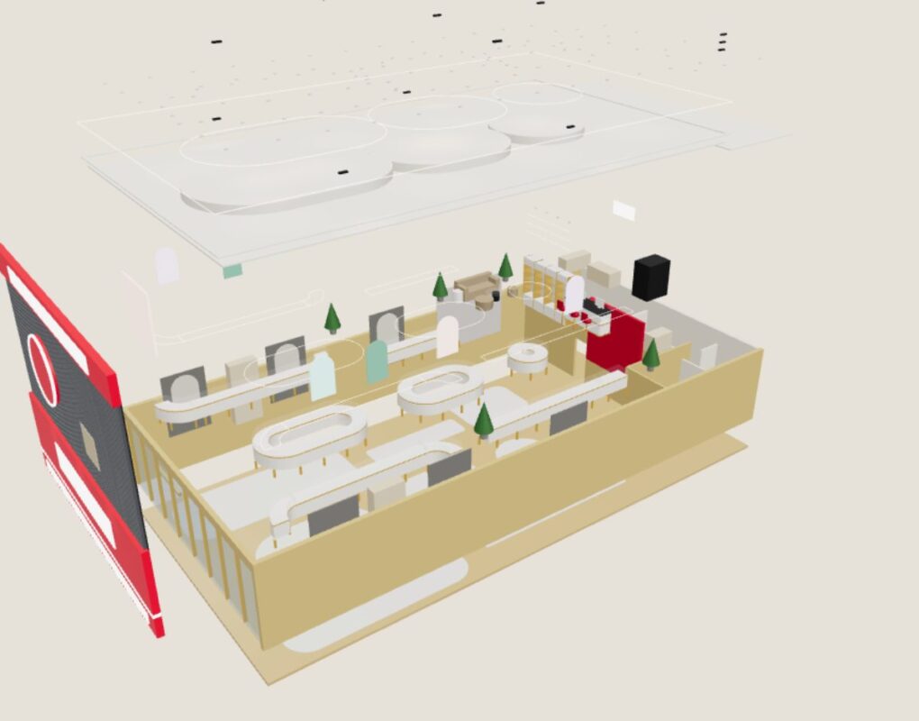 Mô hình 3D tách 13 lớp showroom vàng bạc 295 m²: sàn, tủ trưng bày, trần giật cấp và các lớp đèn LED